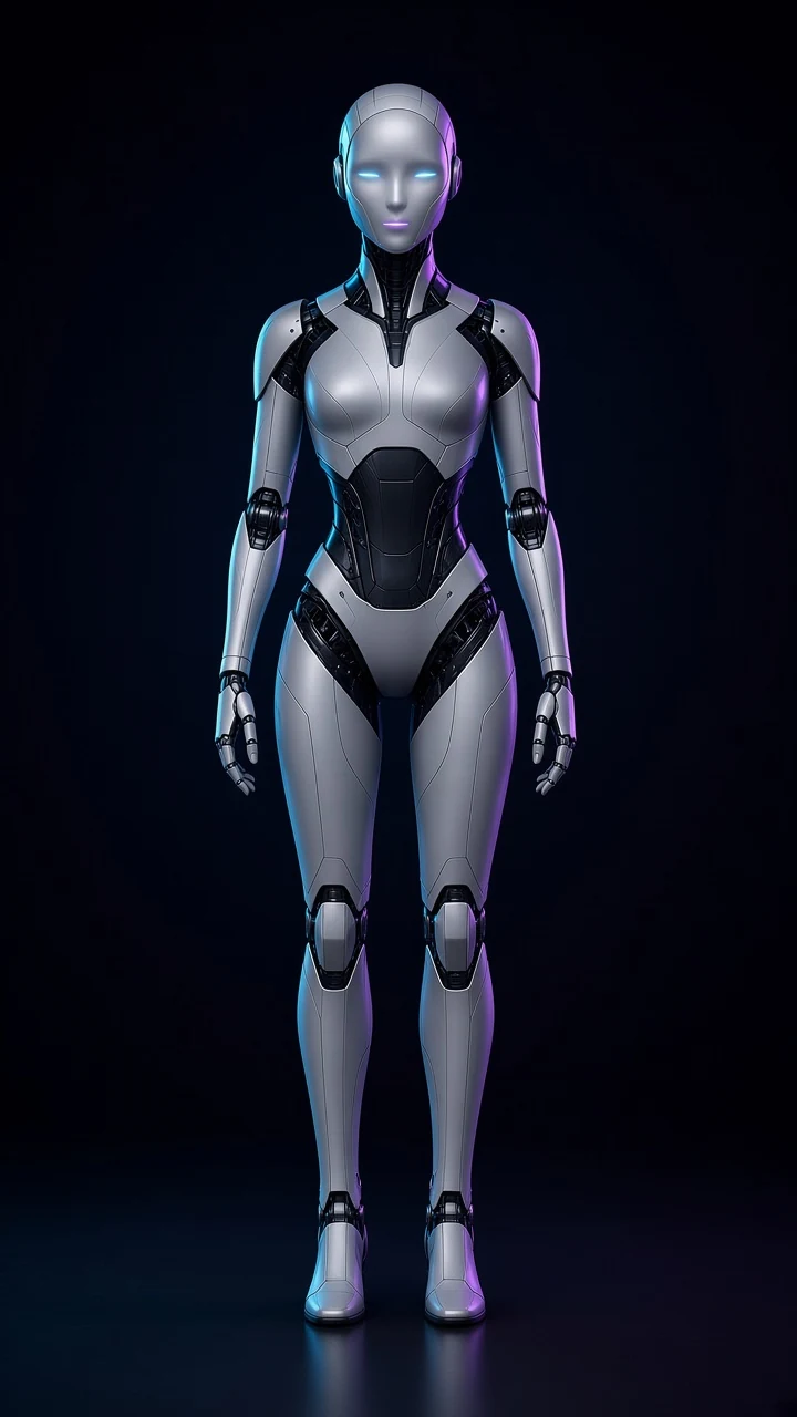 Full length sleek humanoid robot with a pearl grey face